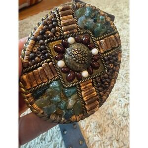 CAbi Mosaic Statement Belt Size M Brown Leather Turquoise Stone Wood Bead Boho